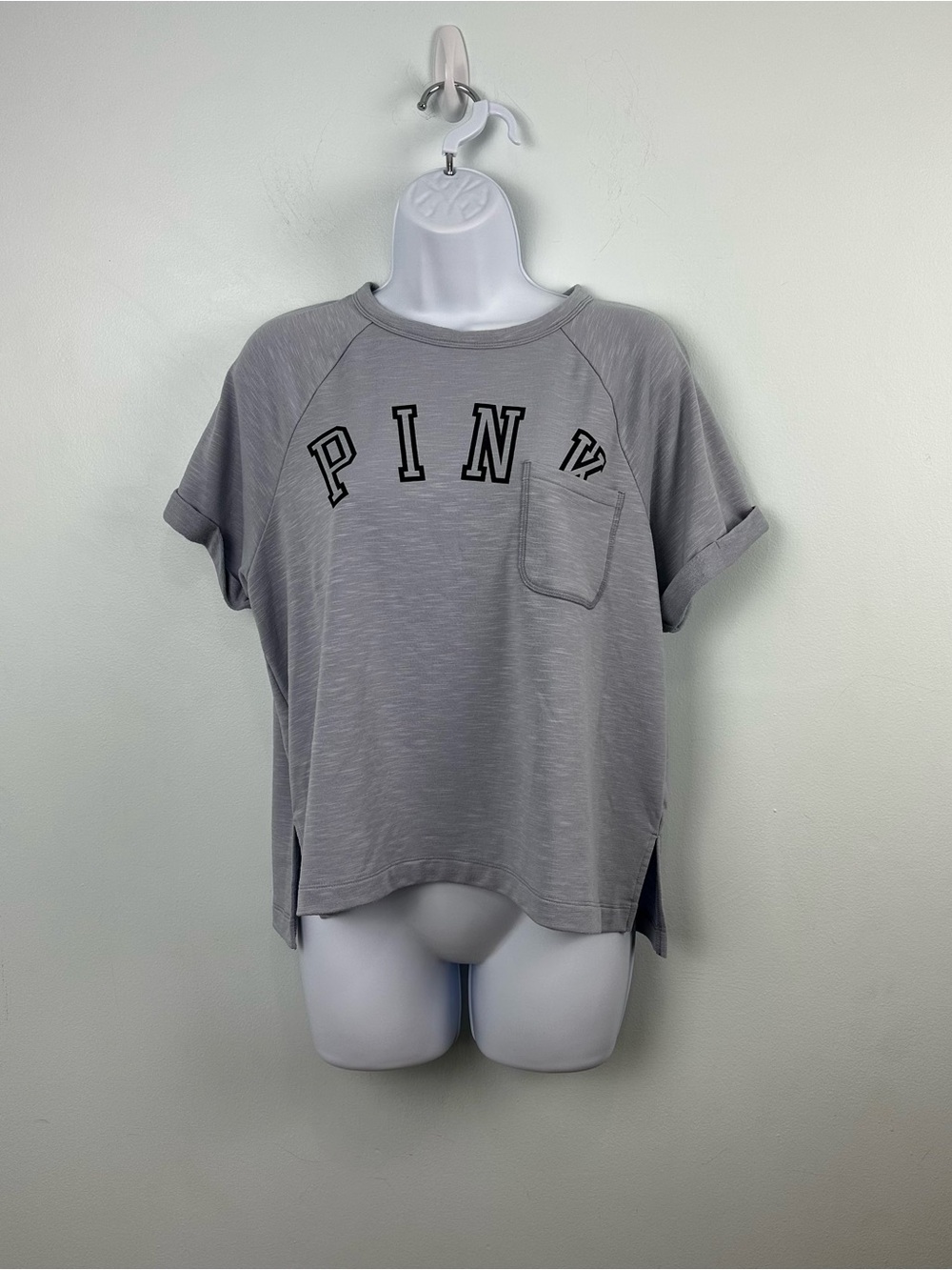 PINK Victoria's Secret Short Cuff Sleeve Logo Pocket Jersey Tee Gray Size Small
